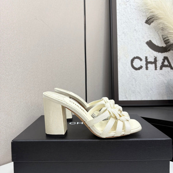 CC 25 Camellia Open Heel Mule Sandals 90mm Ivory Sheepskin And Fabric 368840