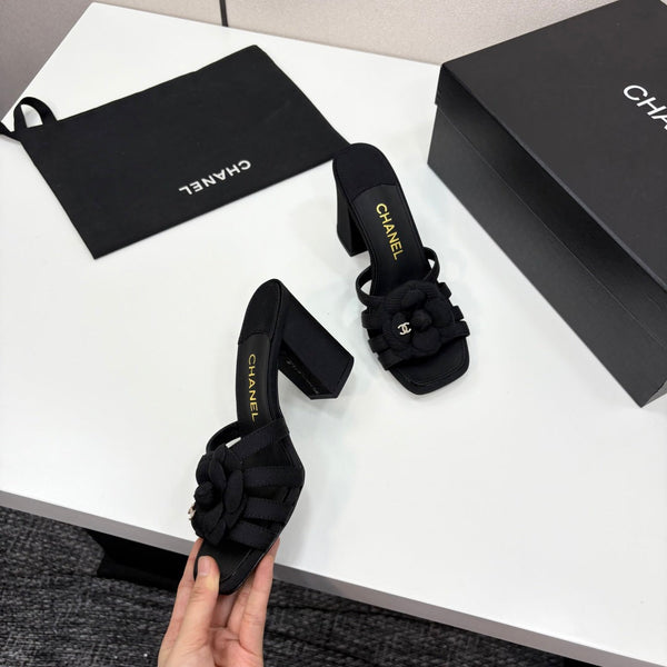 CC 25 Camellia Open Heel Mule Sandals 90mm Black Sheepskin And Fabric 368841