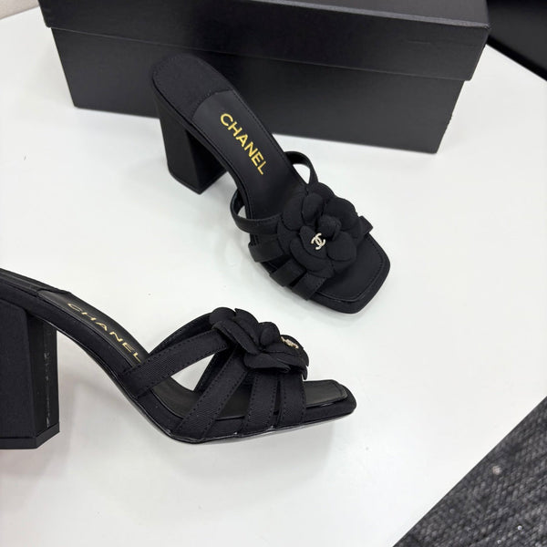 CC 25 Camellia Open Heel Mule Sandals 90mm Black Sheepskin And Fabric 368841