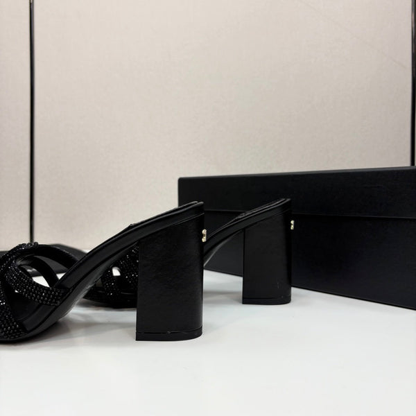 CC 25 Camellia Open Heel Mule Sandals 90mm Black Stone Grain And Sheepskin 368844
