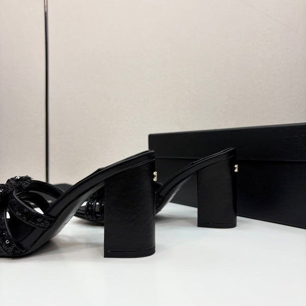 CC 25 Camellia Open Heel Mule Sandals 90mm Black Coarse Glitter Fabric And Sheepskin 368846