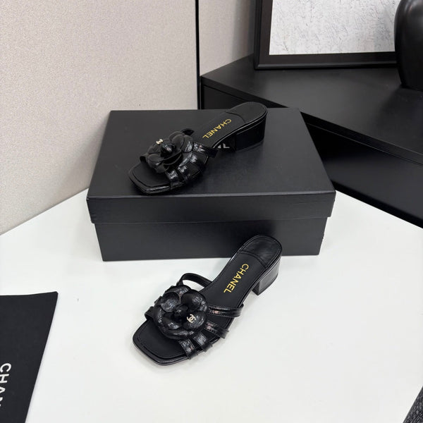 CC 25 Camellia Open Heel Mule Sandals 50mm Black Sheepskin 368855