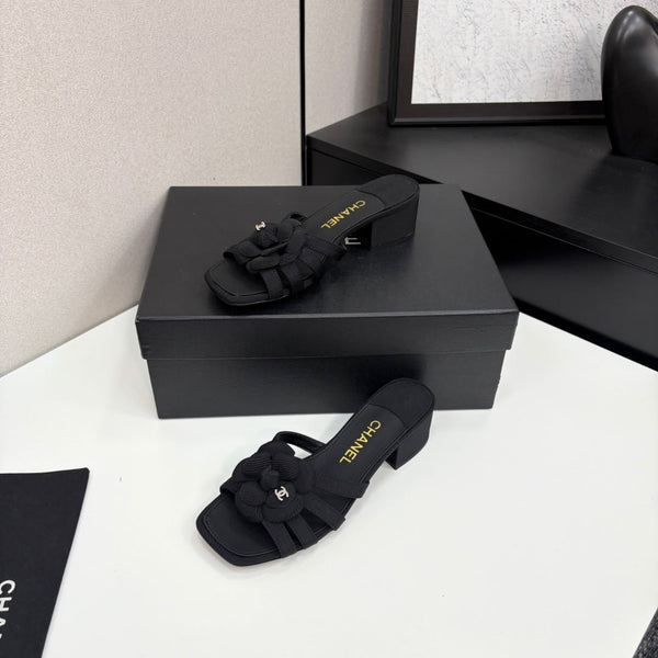 CC 25 Camellia Open Heel Mule Sandals 50mm Black Sheepskin And Fabric 368858