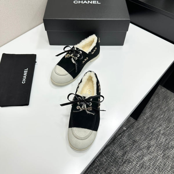 CC 26s Loafers Flat Black Suede Leather Fur 109156