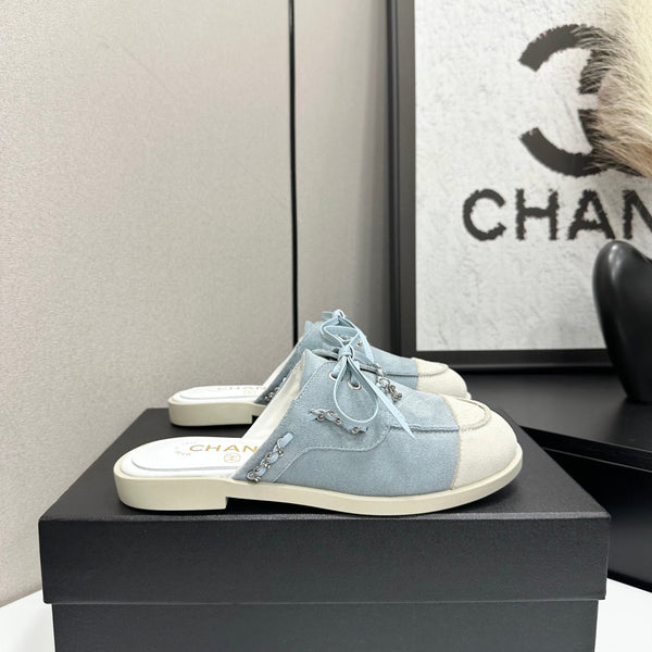 CC 26s Mules Flat Light Blue Suede Leather 109166