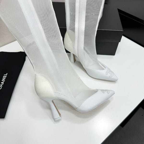 CC 26s Mesh Knee High Boots White Leather 109222