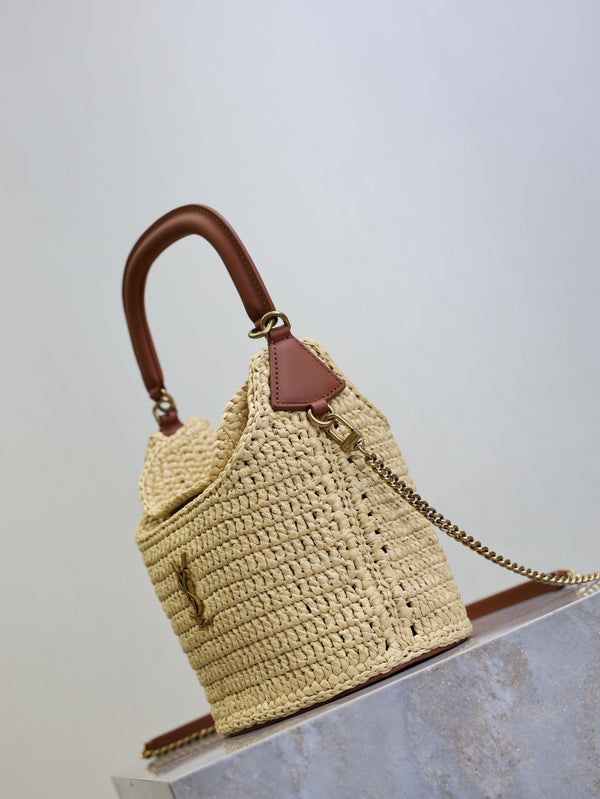 Prada Gaby Bucket 17cm Brown Beige Raffia Leather GHW