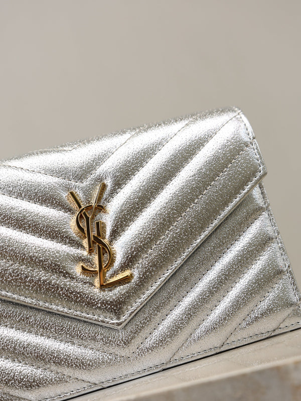 YSL Cassandre Matelassé Envelope Bag Sliver Metalic Leather