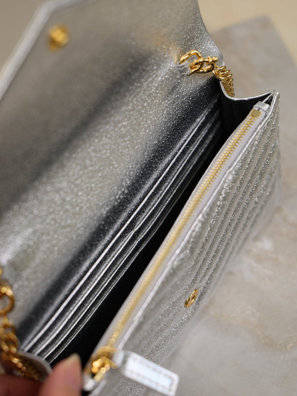 YSL Cassandre Matelassé Envelope Bag Sliver Metalic Leather