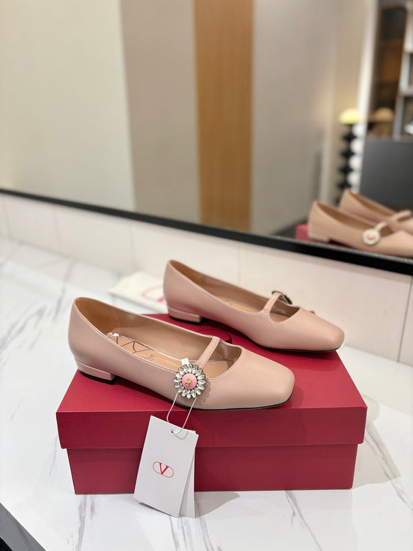 VLTN 26s Mary Jane Flats In Nude Pink Calfskin With Crystal Flower