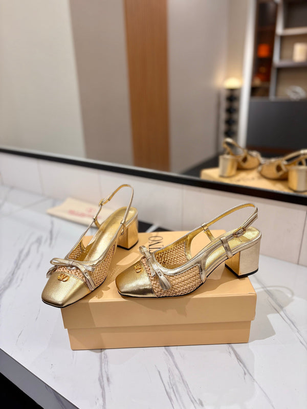 VLTN 26s Valet Du Roi Slingback 6cm Gold Raffia Leather 985449