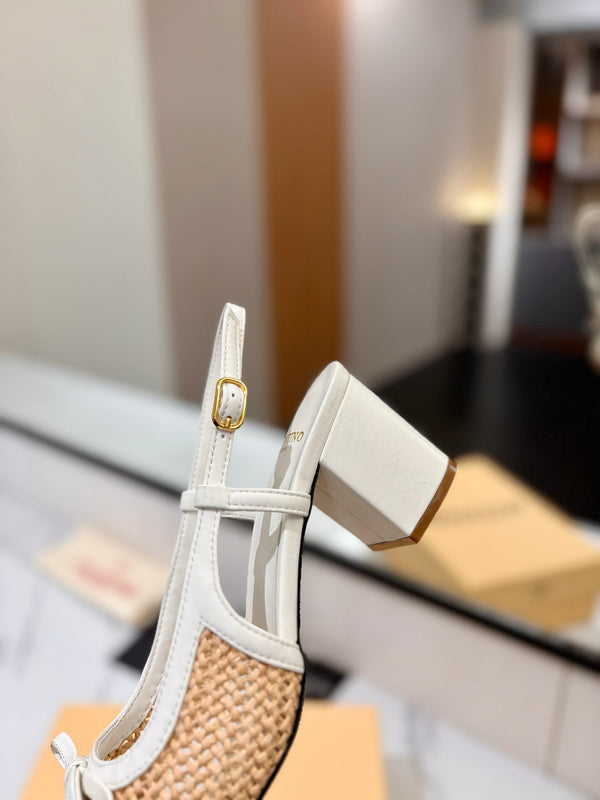 VLTN 26s Valet Du Roi Slingback 6cm White Brown Raffia Leather 985451