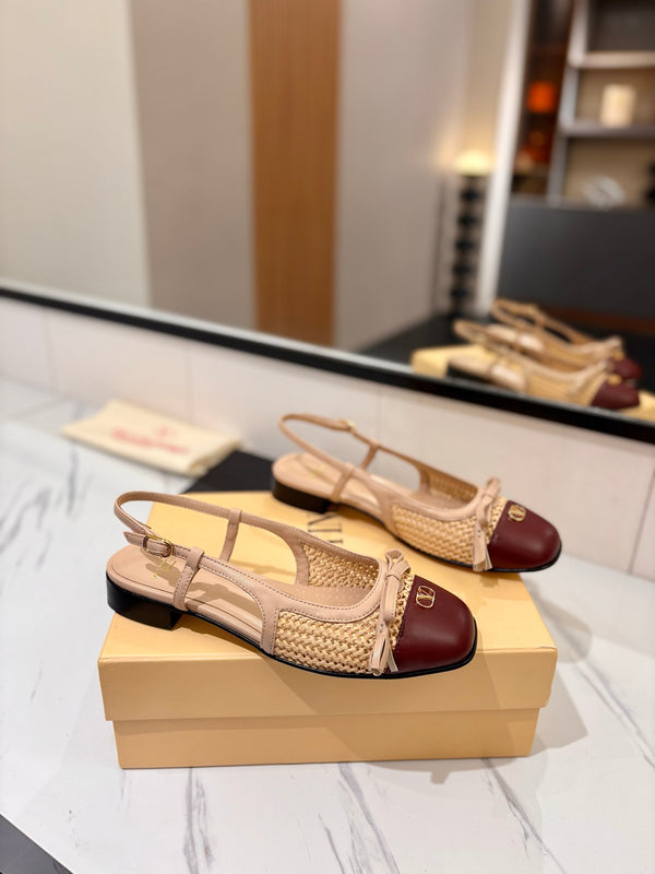 VLTN 26s Valet Du Roi Slingback Flats Beige Burgundy Raffia Leather 985453