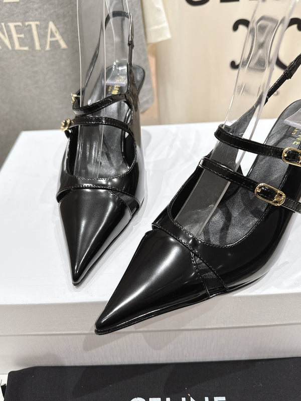 Celine 25C Judy Double Strap Mary Jane Slingback Black Sheepskin 236778