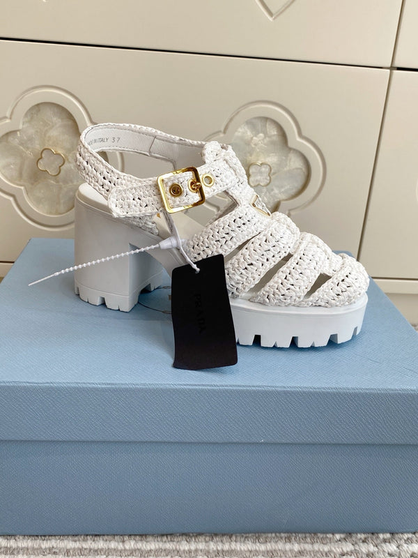 Prad 26s Fisherman Platform Sandals 8.5cm White Raffia 122237