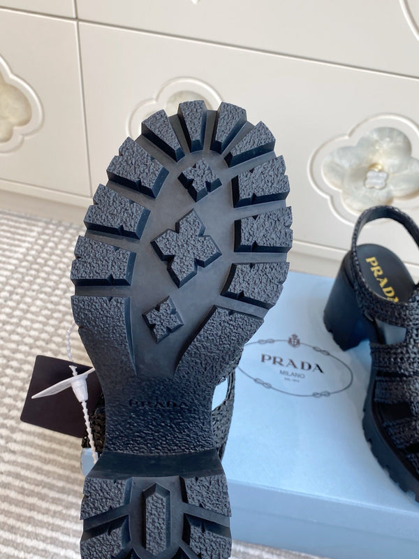 Prad 26s Fisherman Platform Sandals 8.5cm Black Raffia 122238