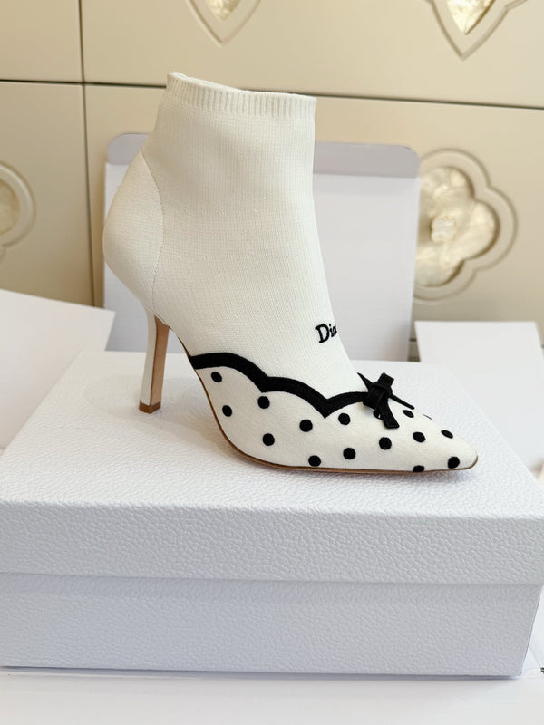 CD 26s Knit Sock Ankle Boots White Polka Dot Knit Velvet 122080