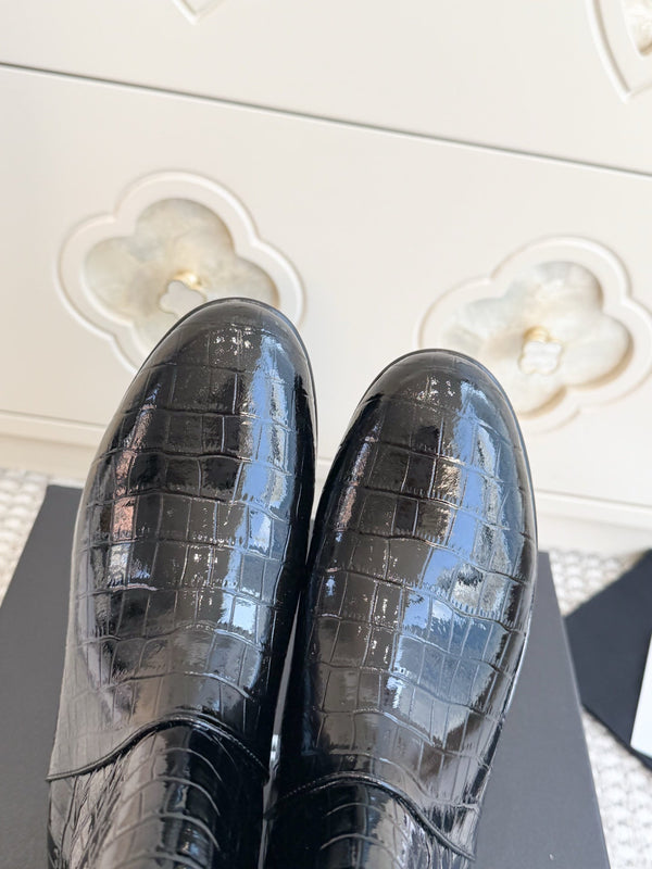 CC 26s Croc Embossed Ankle Boots Black Patent Leather 122039