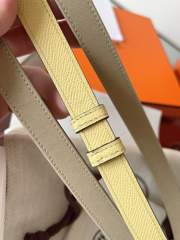 HM Kelly Belt 18mm Beige Canvas Epsom Leather Pink Gold Buckle