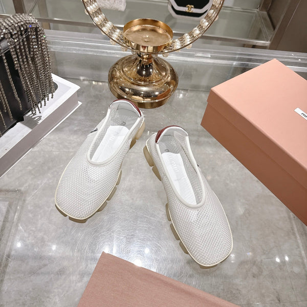 Miu Ballerinas White Brown Technical Mesh Leather 751307