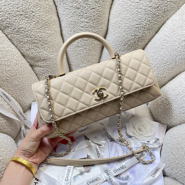 CC 26P Horizontal Coco Handle 32cm Beige Quited Caviar Leather