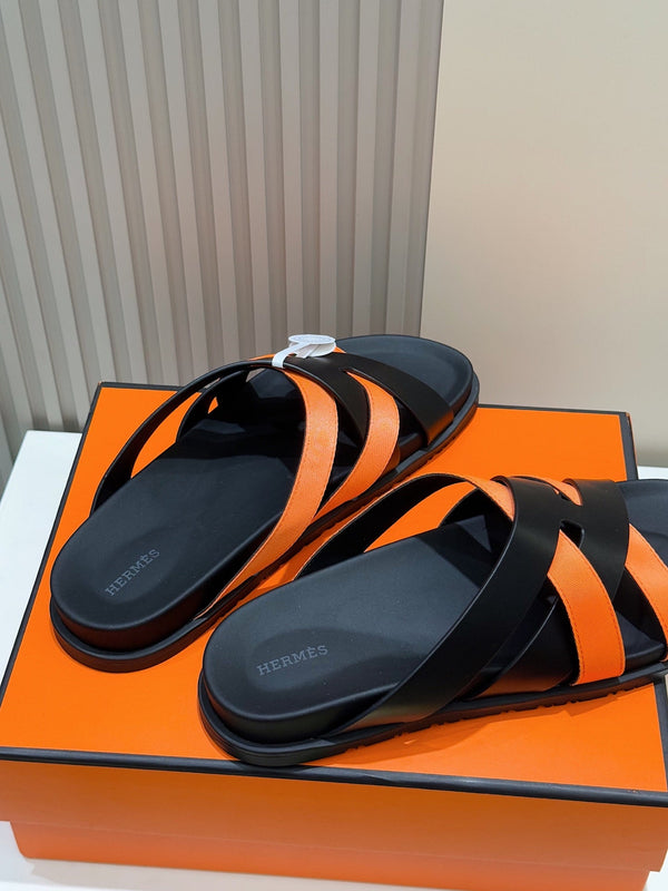 HM Men's Kazimir Slide Black Orange Calfskin 562774