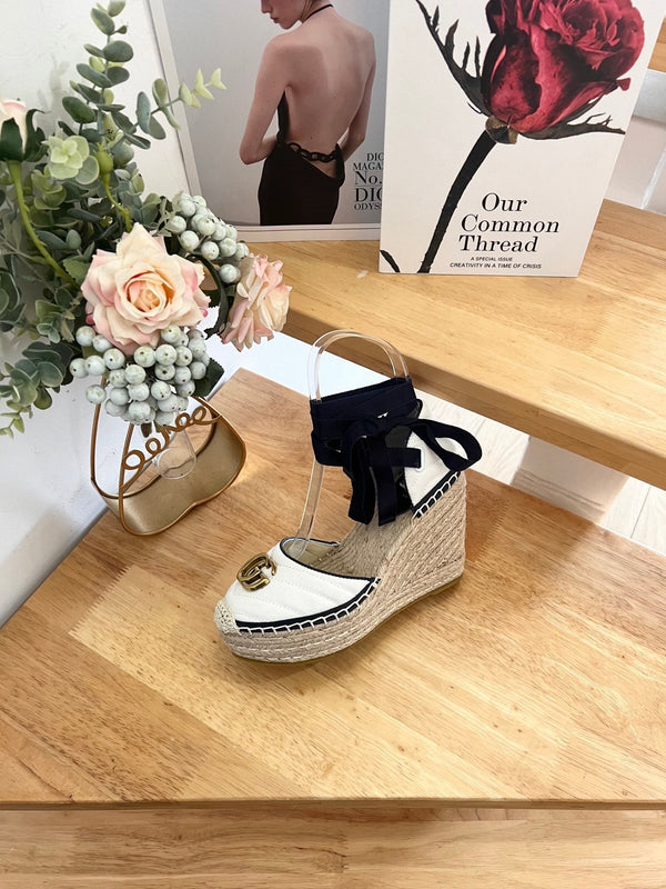 GG 26ss Platform Wedge Sandals 10cm White Straw Canvas 692208