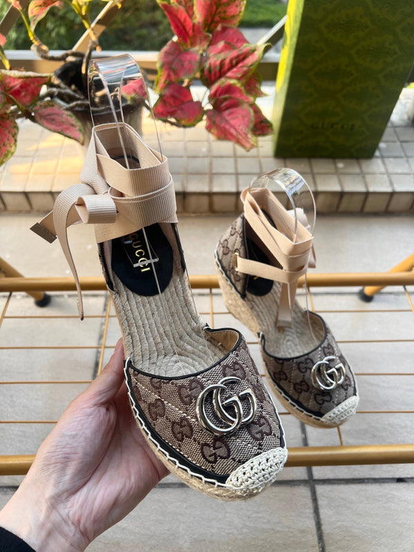GG 26ss Platform Wedge Sandals 10cm Coffee Straw Canvas 692211
