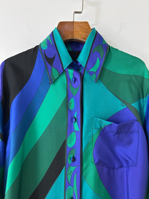 Pucci 26s Stella-Print Silk Shirt Green Blue Silk 391094