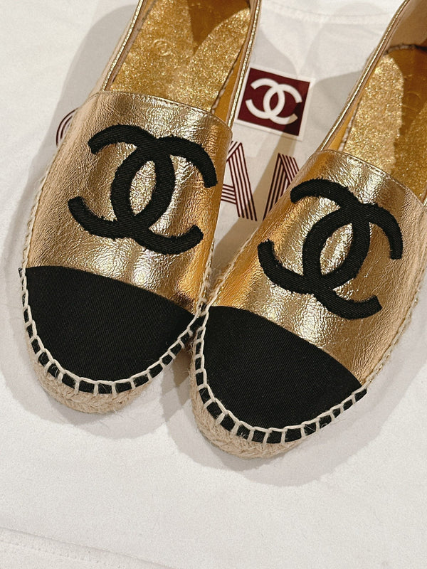 espadrilles gold metalic calfskin black canvas
