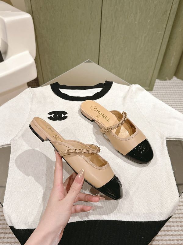 cc mule leather chain beige calfskin black patent calfskin