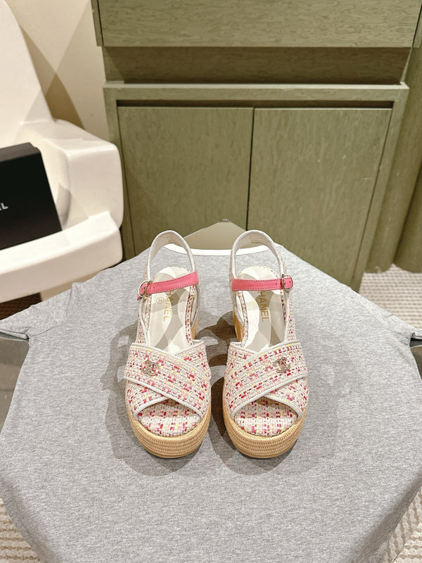 CC 25ss Espadrille Sandals 85mm Pink Colorful Tweed Cowhide 462247