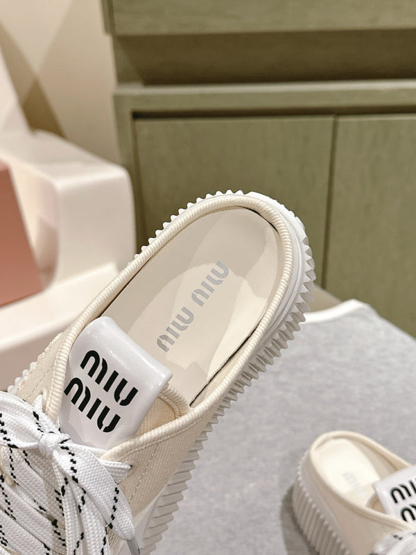 Miu Miu Biscuit Shoes Platform Mules Cream Denim Canvas 532871