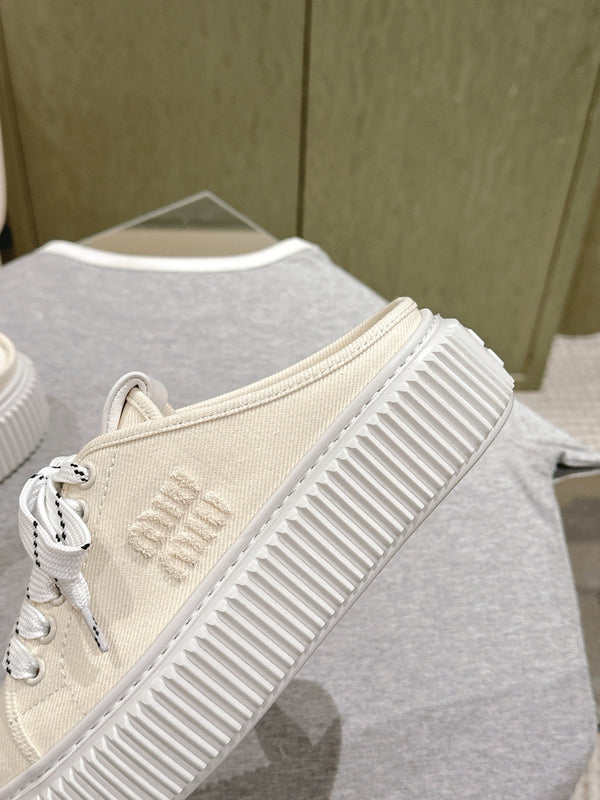 Miu Miu Biscuit Shoes Platform Mules Cream Denim Canvas 532871