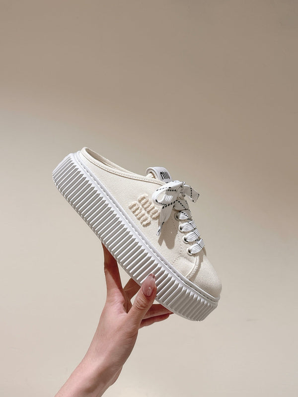 Miu Miu Biscuit Shoes Platform Mules Cream Denim Canvas 532871