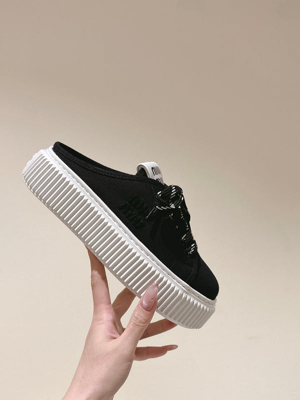 Miu Miu Biscuit Shoes Platform Mules Black Denim Canvas 532872