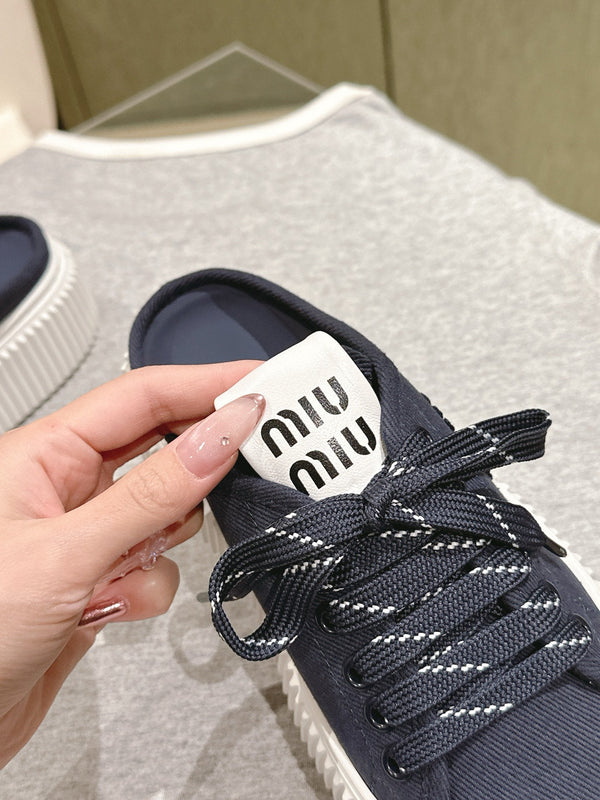 Miu Miu Biscuit Shoes Platform Mules Navy Denim Canvas 532874