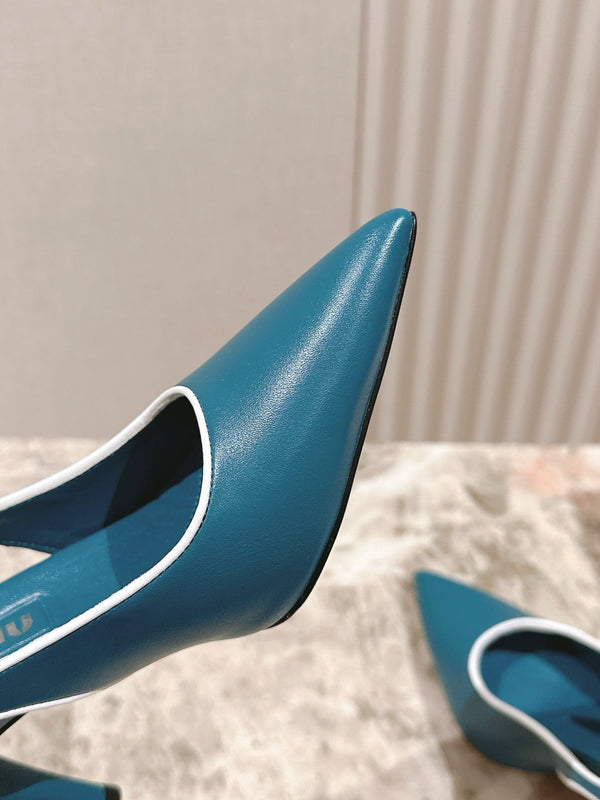 Miu Mordoré Pointed Toe Slingback Pumps 85mm Blue-teal Cowhide Sheepskin 445787