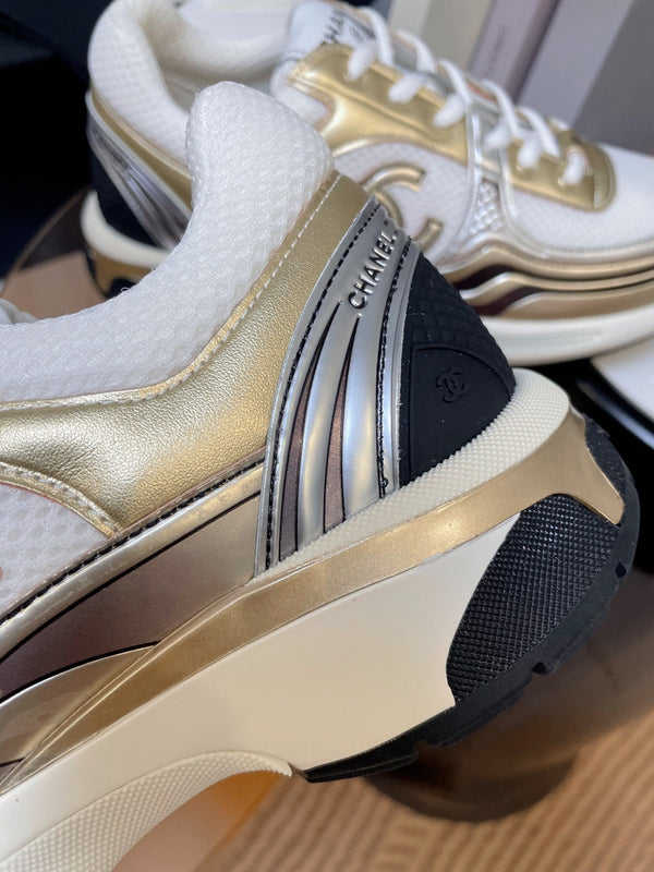 cc classic sneaker white fabric gold metalic calfskin