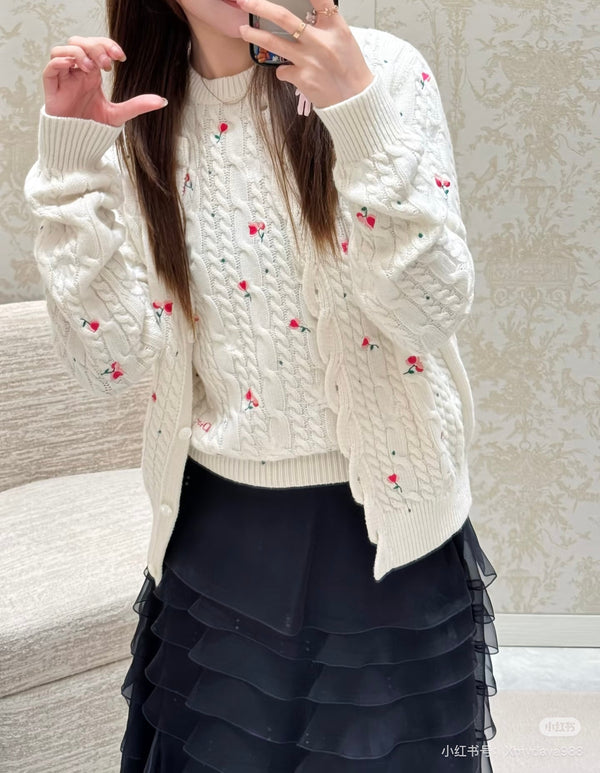 CD SS26 Set Dioramour Embroidered Cardigan Short-Sleeved Sweater Ecru Cashmere 351370