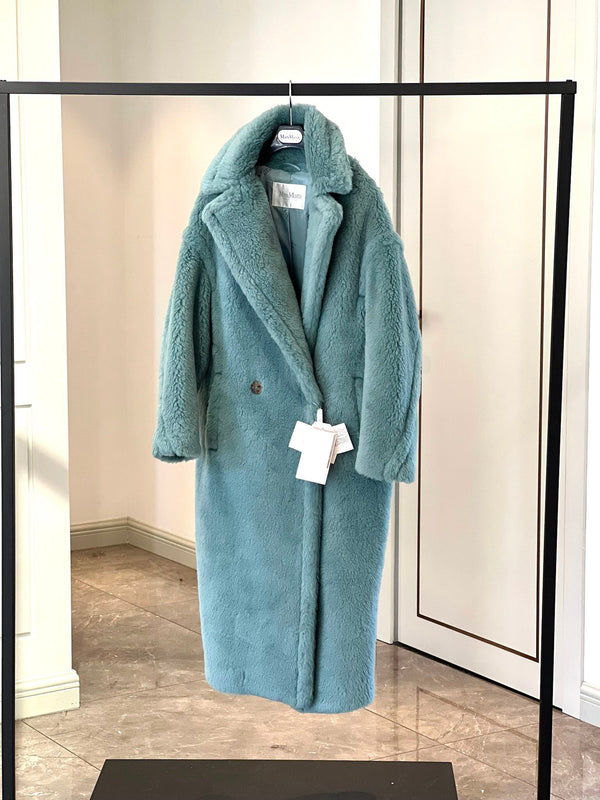 Max Mara Teddy Bear Icon Long Coat Sage Green Alpaca Wool Silk 429223