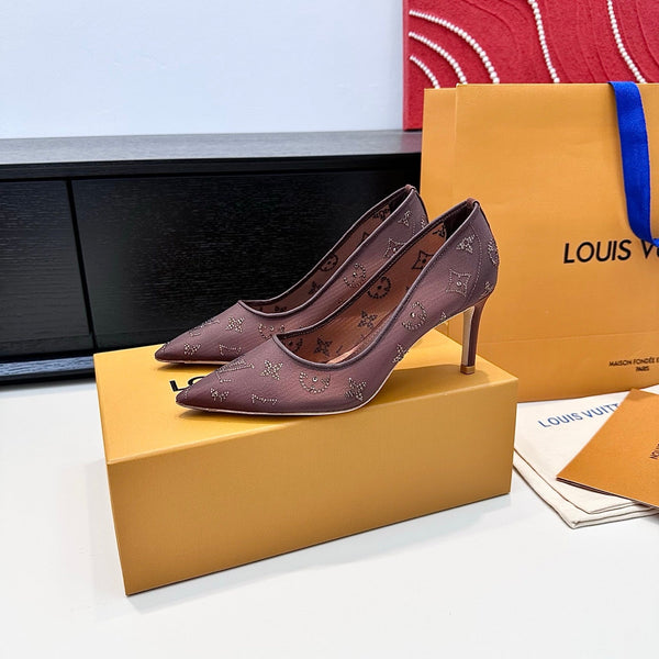 LV GALA High Heels Series Shoes 75mm Dark Rose Taupe Mesh 542215