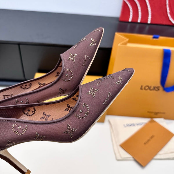 LV GALA High Heels Series Shoes 75mm Dark Rose Taupe Mesh 542215
