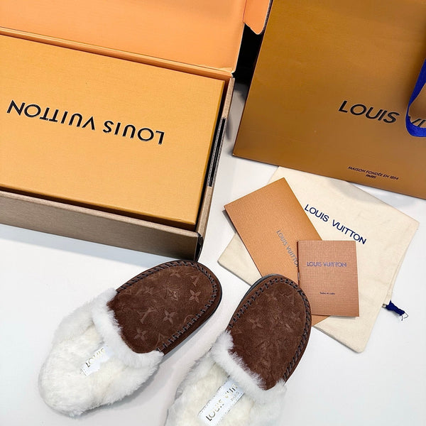 LV Ski Colorado Closed Mule Brown Chocolate Suede Wool 542229