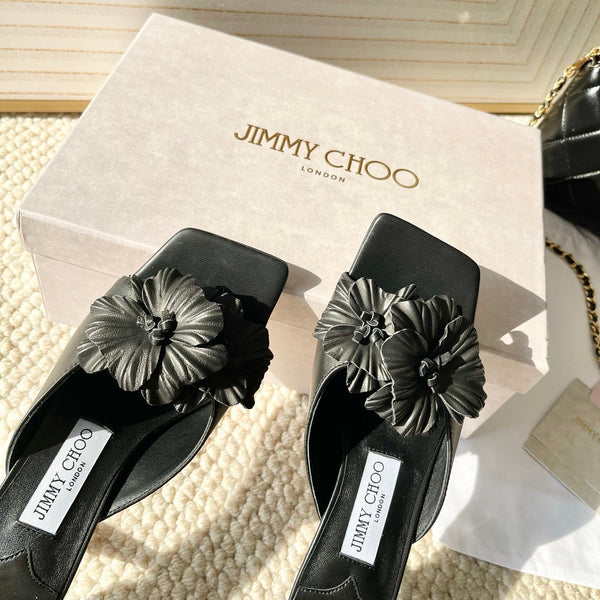 Jimmy Choo Skye Corsage Sandals Black Sheepskin 669846