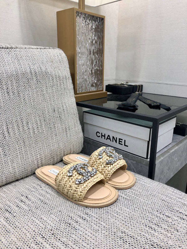 CC Flat Slides Beige Braided Raffia Crystal Embellished 688667