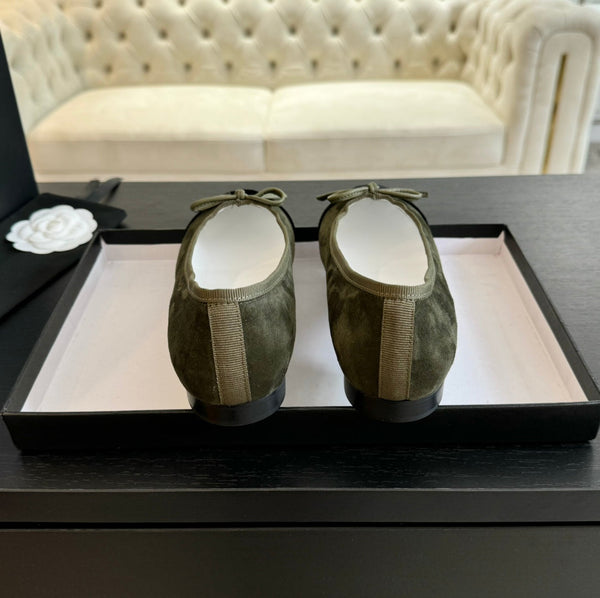 ballet flat moss green suede and black canvas