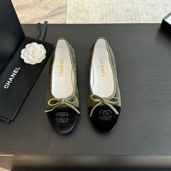 ballet flat moss green suede and black canvas