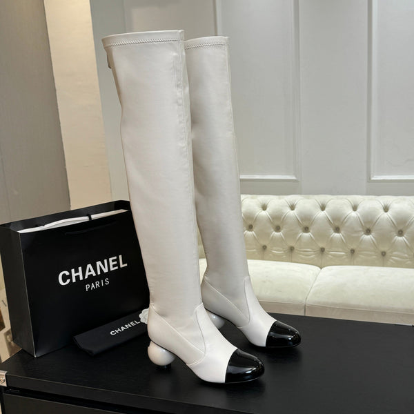 CC 25A Double C Giant Pearl Heel Boots 50mm Black White Cowhide 454945