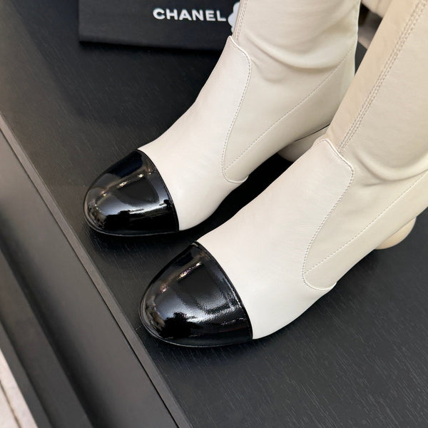CC 25A Double C Giant Pearl Heel Boots 50mm Black White Cowhide 454945